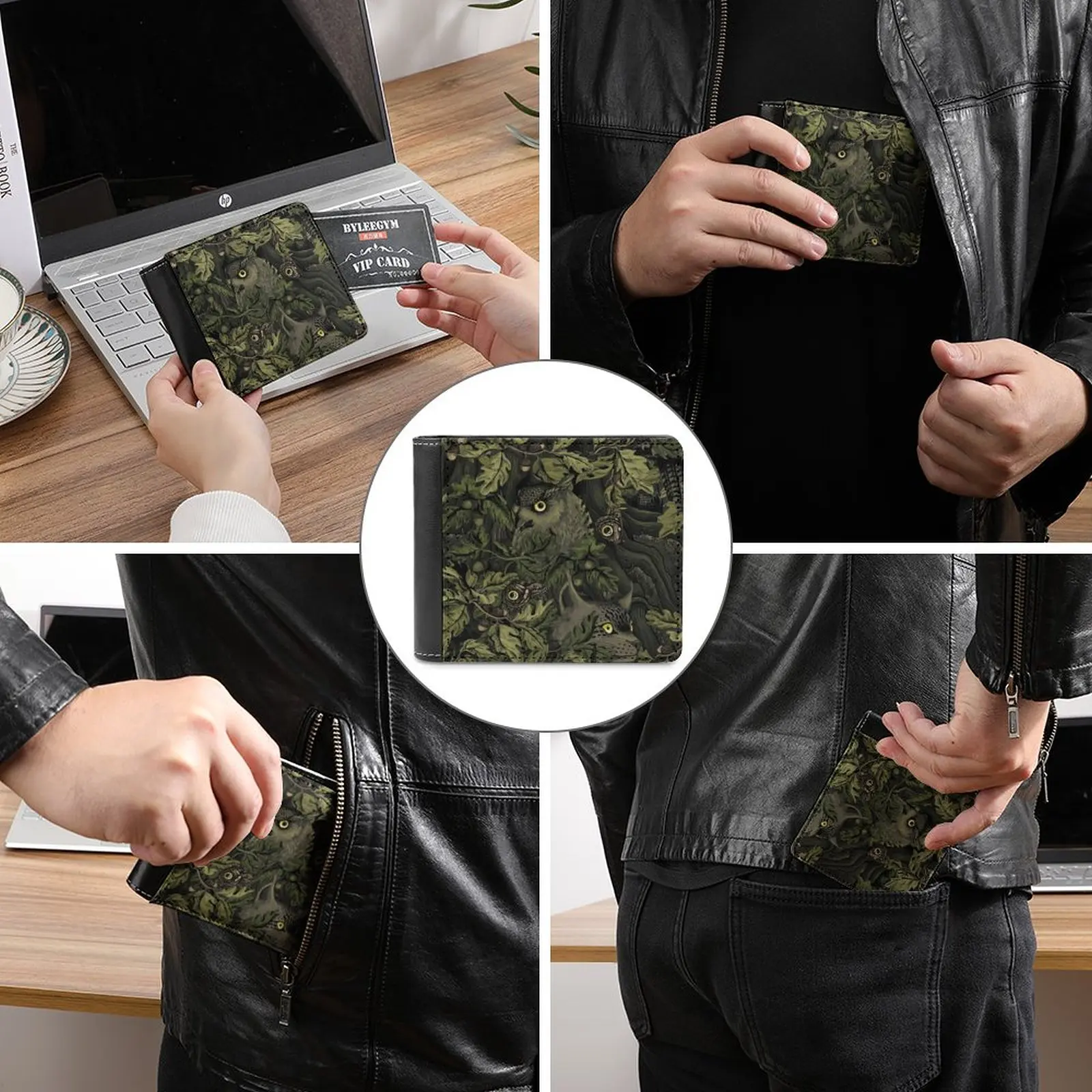 Fit Zeytin Yeşili deri cüzdan Erkekler Klasik Siyah Çanta Kredi kart tutucu Moda erkek cüzdan Sonbahar Yaprakları Meşe Palamudu Baykuş Görüntü 2