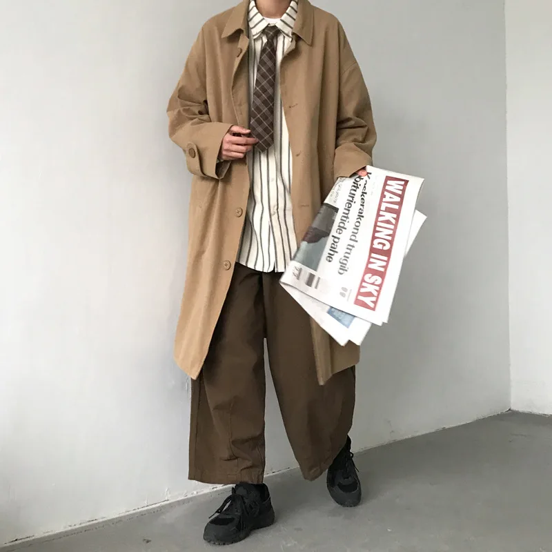 Japon Vintage Siper Erkekler Rahat Popüler Uzun Palto Genç Yakışıklı Yüksek Sokak Dış Giyim İngiltere Sonbahar Yeni Ulzzang Ins Görüntü 2