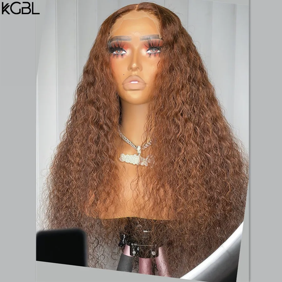 KGBL Vurgulamak Kahverengi Ombre Renkli 13x4 HD Dantel Ön İnsan Saç Peruk Kıvırcık Remy Saç Dantel Peruk 180 % Yoğunluk Görüntü 2
