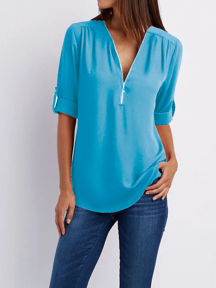 Kadın şifon bluz Tops Yaz V Boyun Yarım Zip Kısa Fener Kollu Gevşek Katı Gömlek Bluz EFF-6186 Görüntü 2