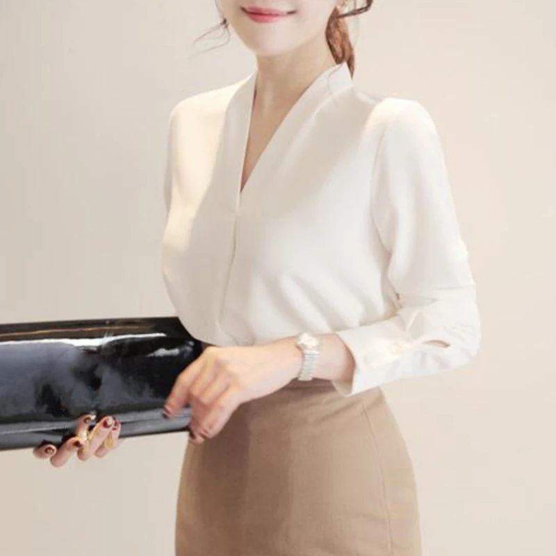 Klasik Kariyer OL Tarzı Üst Ofis Bayan İlkbahar Yaz Uzun Kollu Kore V Yaka İş Bluz Kadınlar Beyaz Gevşek Kazak Gömlek Görüntü 2