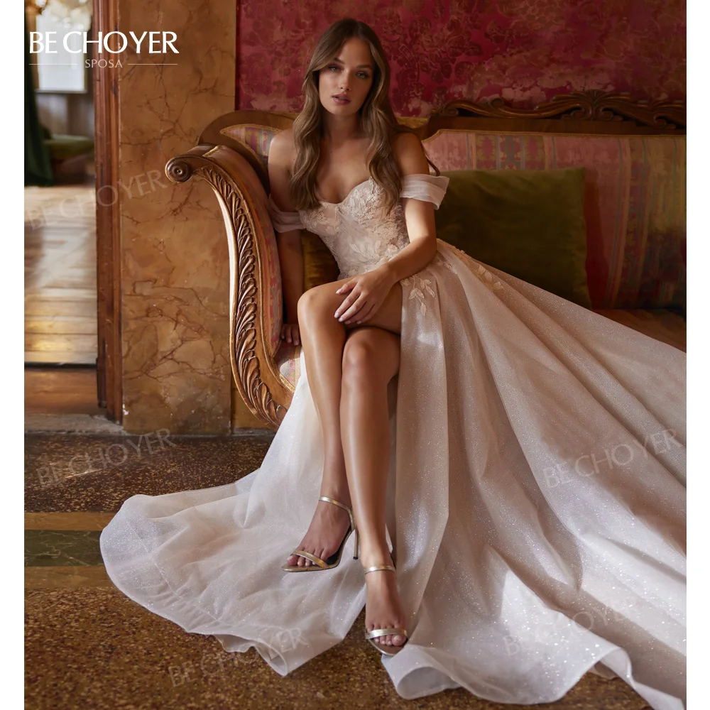 Kolsuz düğün elbisesi Kapalı Omuz A-Line Plaj Aplikler Gelin Kıyafeti 2024 Prenses BECHOYER R176 Artı Boyutu Vestido de Noiva Görüntü 2