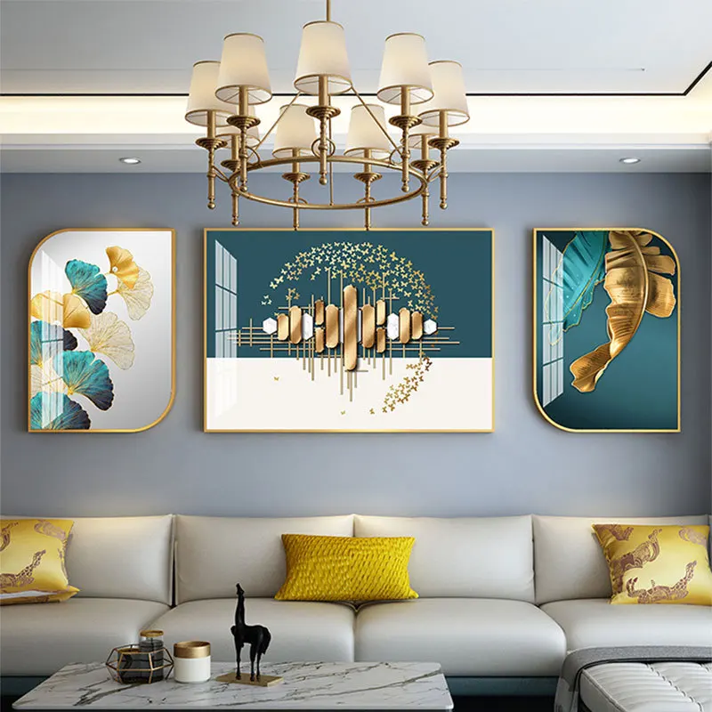Modern minimalist oturma odası dekoratif boyama ışık lüks duvar triptik duvar sanatı kristal porselen boyama Görüntü 2