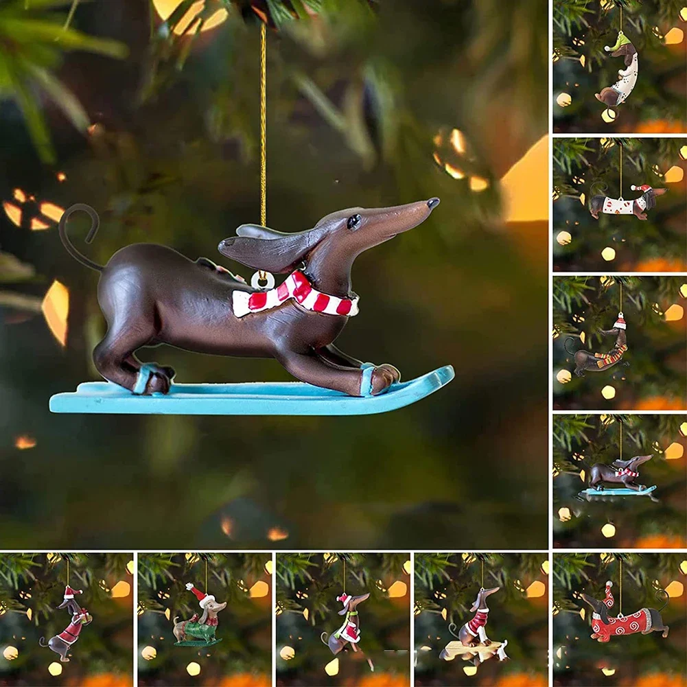Noel Dachshund Köpek Şekilli Kolye Komik Sosis Köpek Ağacı Kolye Dekoratif Halat ile Ev Tatil Parti Dekor için Görüntü 2
