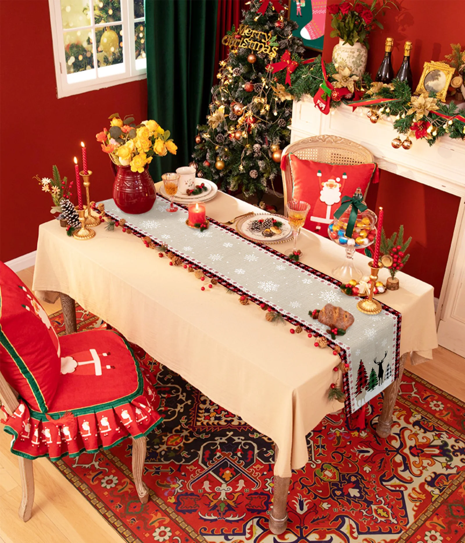 Noel Kar Tanesi Elk Masa Koşucu düğün yemeği Masa Dekorasyon Masa Koşucu Noel yemek masası Masa Örtüsü Görüntü 2