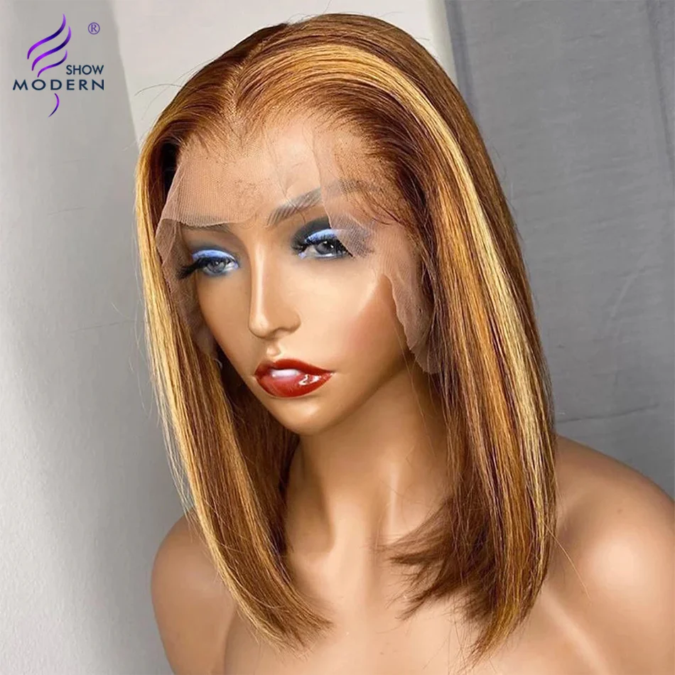 P4 / 27 Vurgulamak peruk insan saçı Kısa Bob Peruk Düz 13x4 Dantel Ön İnsan Saç Peruk Brezilyalı Remy Renkli Kısa Bob 150% Görüntü 2