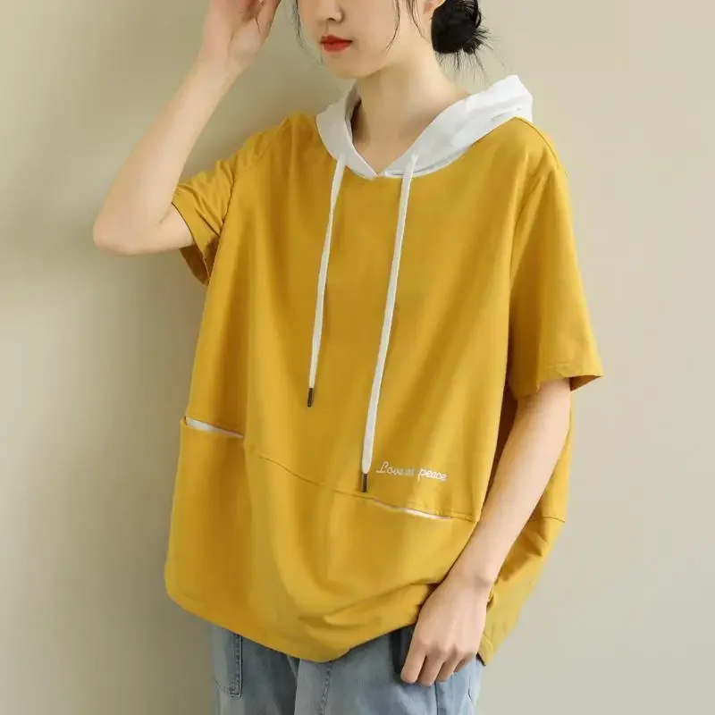 Rahat Gevşek Düz Renk Eklenmiş Hoodies Tops Yaz kadın Giyim Moda Kısa Kollu Tüm Maç Cepler T-shirt Kadın Görüntü 2
