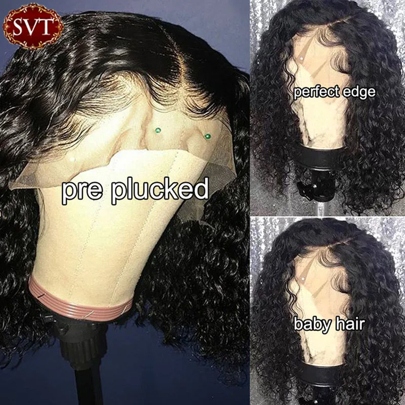 SVT Brezilyalı Kıvırcık Kısa Bob insan saçı peruk Siyah Kadınlar Için Dantel ön peruk Ucuz Kıvırcık Bob Kapatma Peruk Ön-koparıp Bebek Saç Görüntü 2