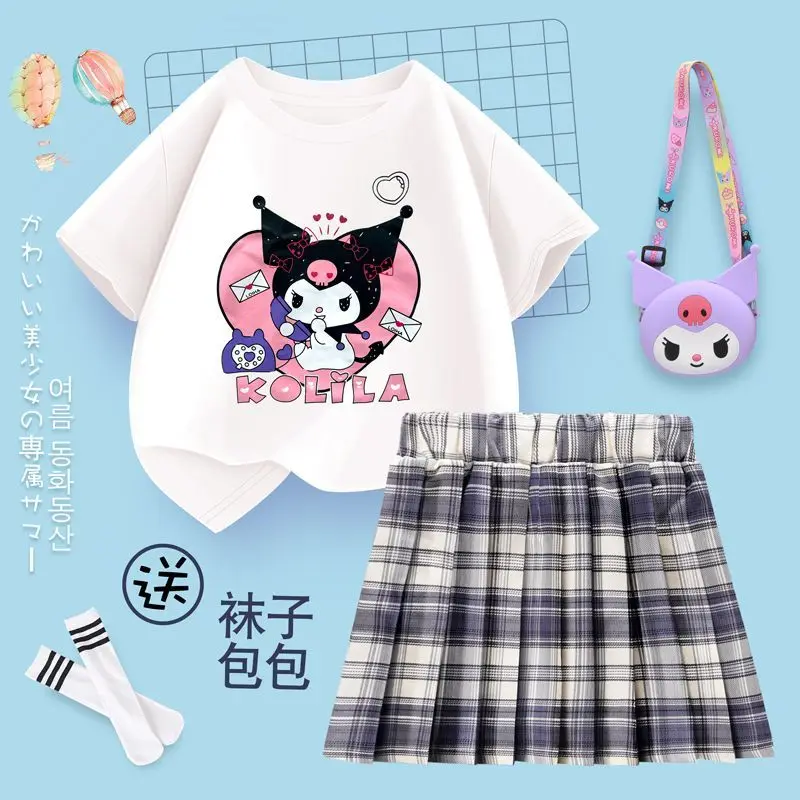 Sanrio hello kitty Kısa Kollu Etek Takım Elbise kuromi Yaz Yeni çocuk T-Shirt Pilili Etek kız JK Üniforma Y2K elbise bozuk para cüzdanı Görüntü 2