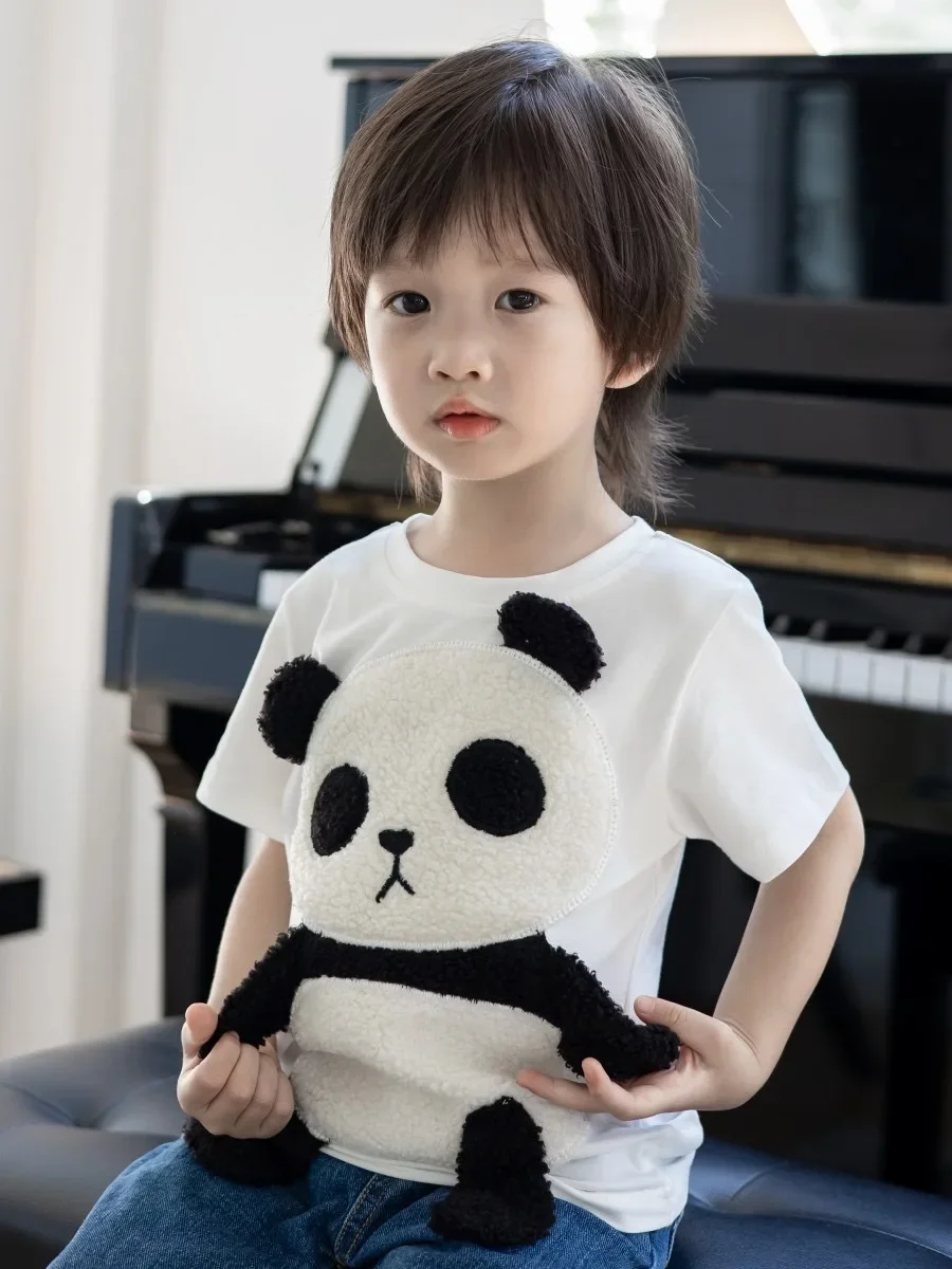 Sevimli karikatür 3D Küçük Panda kısa kollu t-shirt çocuk Erkek ve Kız Bebek Üst Yaz Görüntü 2