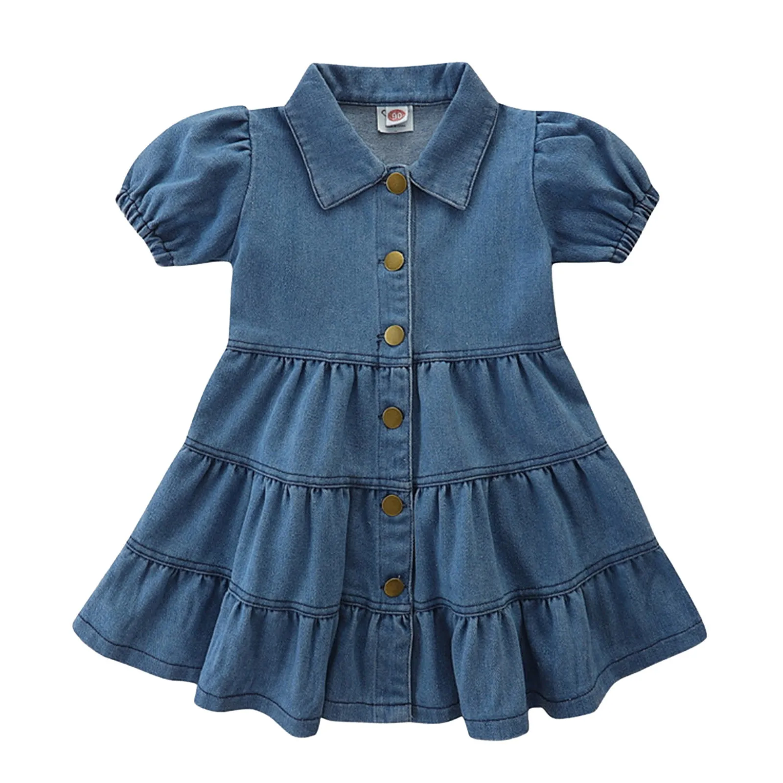 Toddler Kız Yaz Kısa Kollu Yatak Açma Boyun Fırfırlı Denim Elbise Prenses Etek Dinozor Elbise Kız 1st Doğum Günü Kıyafet Kız Görüntü 2