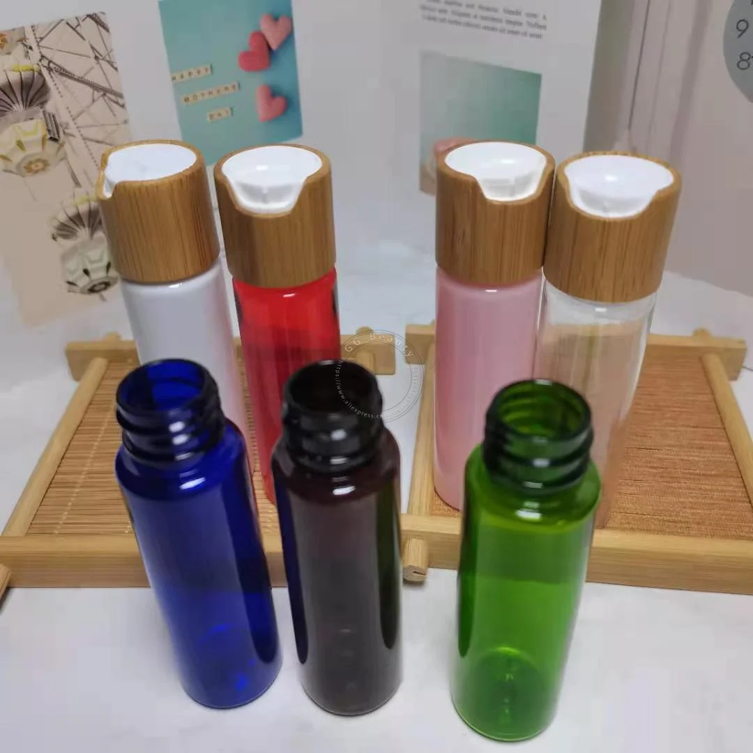 Toptan Doldurulabilir 30 ml Renkli Yuvarlak Plastik Şişeler Bambu Disk Üst Vidalı Kapaklı Parfüm Sprey Atomizer Boş Tüpler 1 OZ Görüntü 2