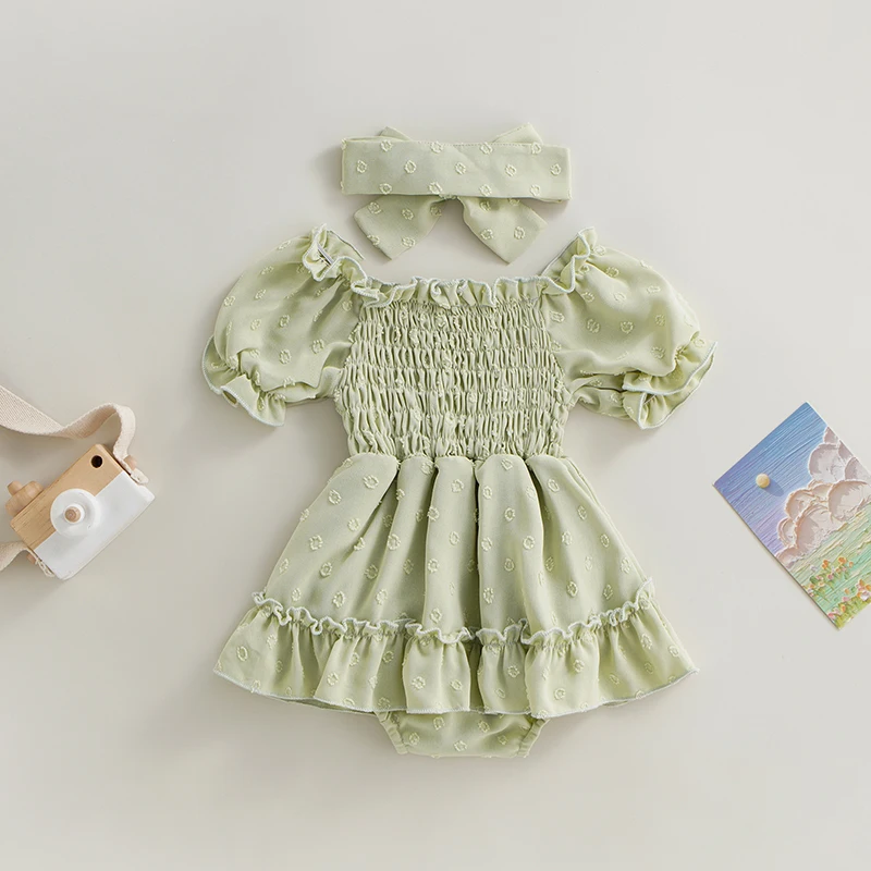 VISgogo Toddler Bebek Kız Romper Elbise Nokta Desen Elastik Tekne Boyun Kısa Kollu Dantelli Etekler Etek Tulumlar Kafa Bandı ile Görüntü 2