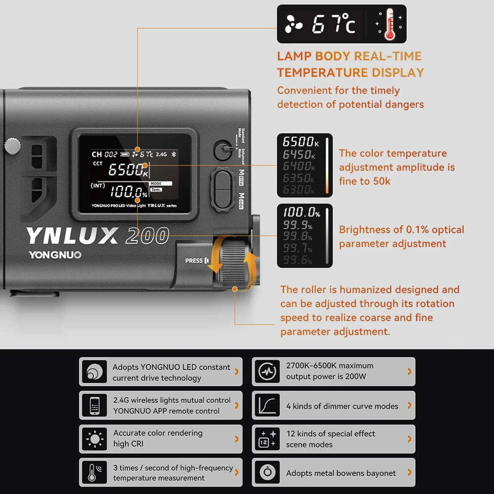 YONGNUO YNLUX200 el LED Video ışığı 200 W fotoğraf ışığı 2600 K-6500 K COB boncuk 12 Aydınlatma sahne efektleri destek BT Görüntü 2