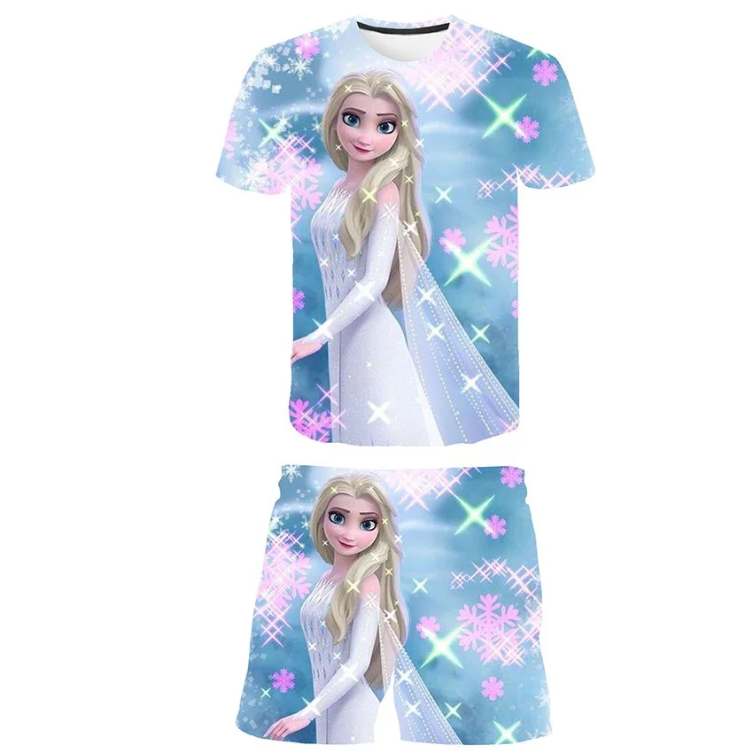 Yaz Dondurulmuş 2 Kız Karikatür T Shirt + şort takımı Giysileri Çocuklar Sevimli Elsa Prenses 2 adet Çocuk Karikatür Rahat Kostüm Kıyafetler Görüntü 2