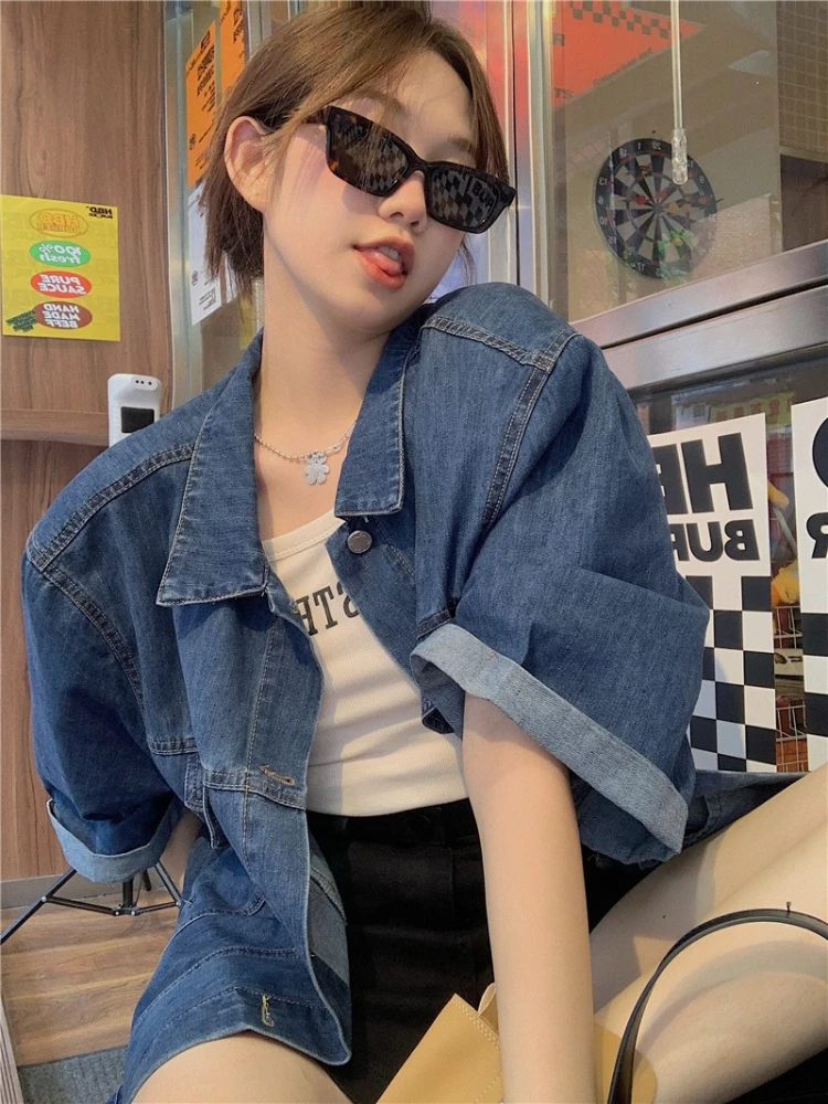 Yaz Kısa Kollu Kot Ceket Kadın 2022 Yaz Yeni Kore Retro Gevşek Tüm Maç Üst Büyük Boy Kot Ceket Kore Moda Görüntü 2