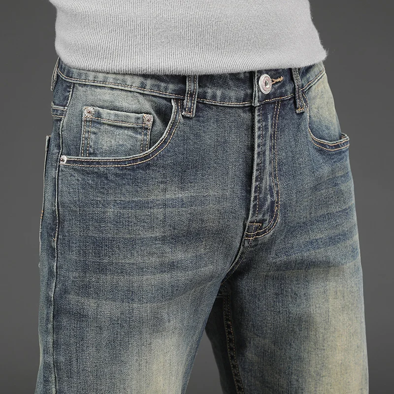 Yeni High-End Retro Kot erkekler için Düzenli Fitl Düz Bacak kot pantolon Elastik Trend Moda Eski Artı Boyutu Görüntü 2