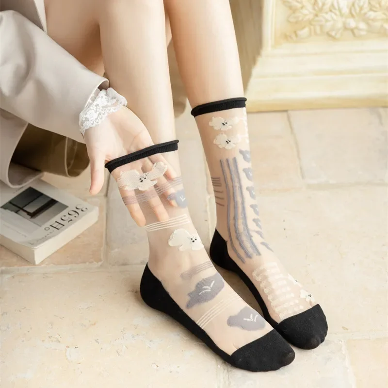 Yeni Moda Kadın Çorap Yaz Ultra ince Şeffaf Kristal İpek Çorap Harajuku Çiçek Retro Japon Kawaii Sevimli Çorap Görüntü 2