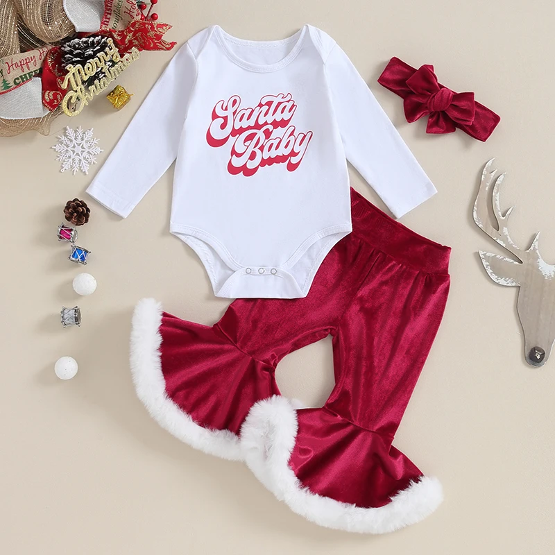Yürümeye başlayan çocuk giysileri Kız Noel Kıyafetleri Mektup Baskı Uzun Kollu Tulum Flare Pantolon Kafa Bandı 3 Adet Set Bebek Giyim Görüntü 2