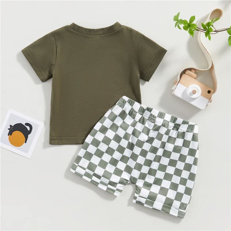 Çocuk Boys yaz giysileri Kıyafetler Toddler Mektup Baskı kısa Kollu tişörtler ve Dama Tahtası Baskı Şort 2 Adet Takım Elbise Görüntü 2