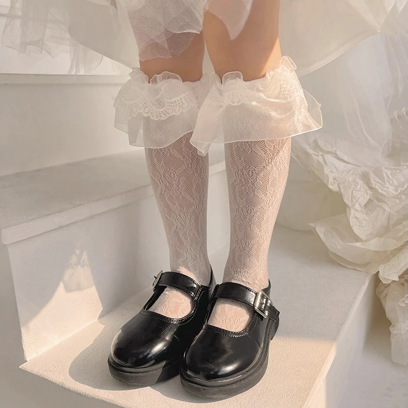Çocuk Kawaii Bahar Yaz Kızlar İlmek Diz üstü çorap Sevimli Fırfır Dantel Prenses Elbise Tayt Çorap Çocuklar İçin Görüntü 2