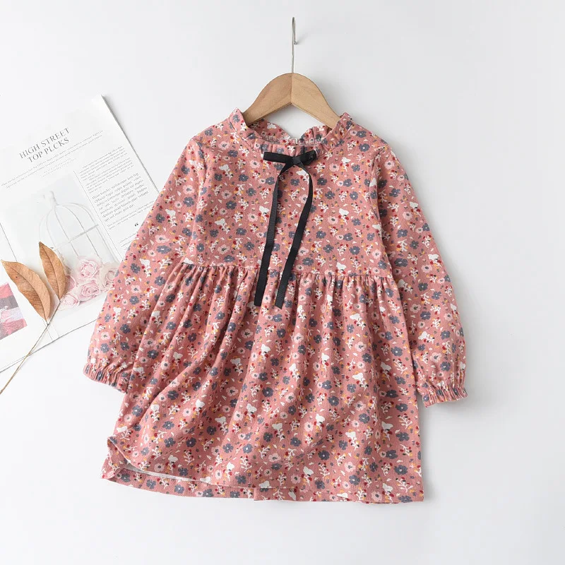 Çocuklar için şerit yay elbise ile yeni küçük çiçek pamuk kız uzun kollu elbise Görüntü 2