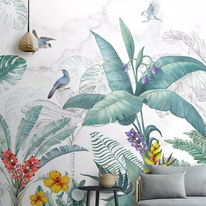 Özel duvar kağıdı İskandinav el-boyalı küçük taze tropikal bitkiler çiçekler ve kuşlar TV kanepe arka plan 3d duvar kağıdı Görüntü 2