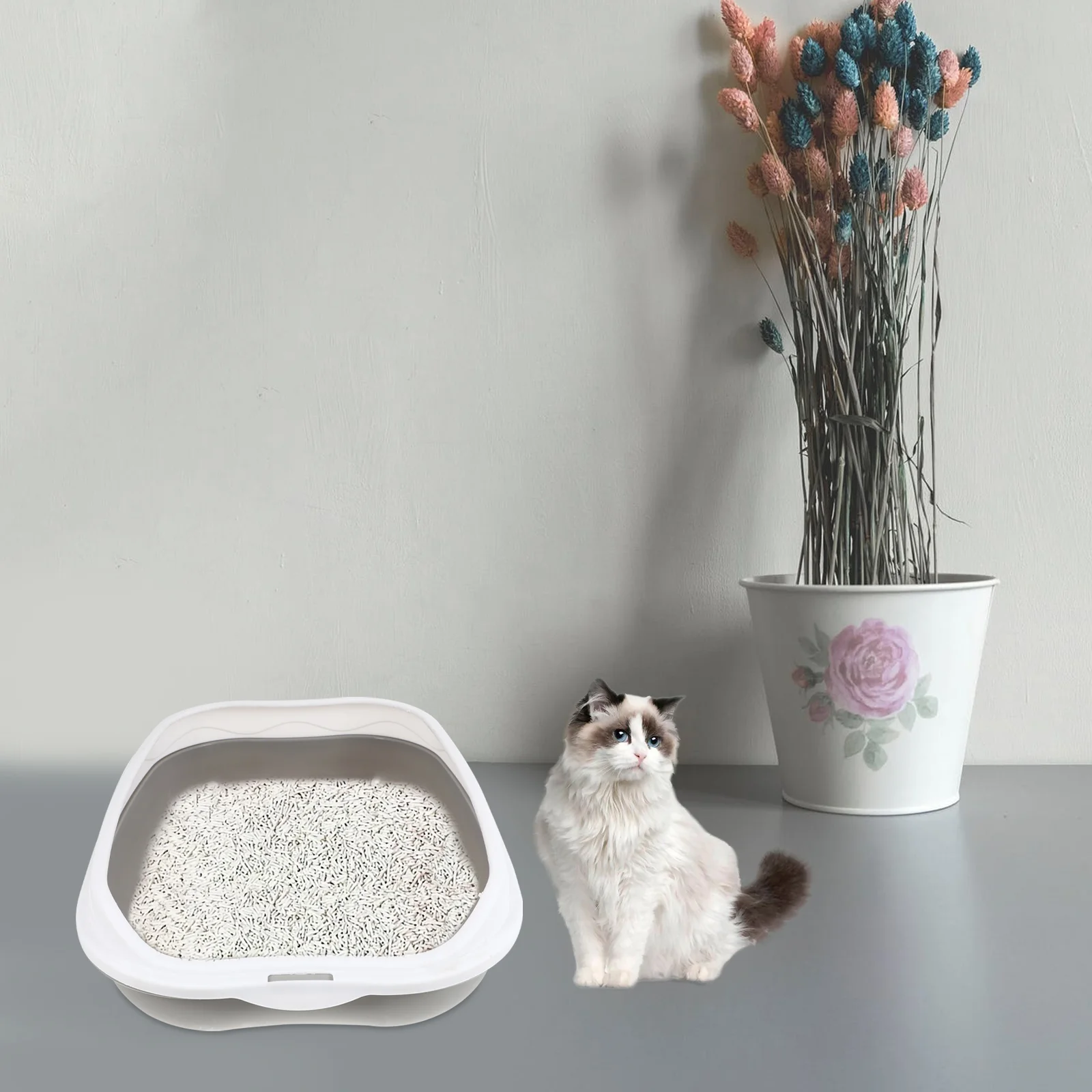1 Takım evcil hayvan tuvaleti Anti-splash Kediler kum kabı Kedi Tepsisi Yavru Kediler Temiz Tuvalet Ev için (Gri) Görüntü 3
