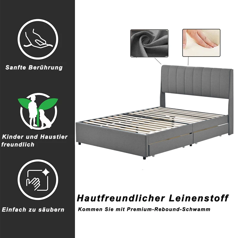 140x200 cm modern tasarım yastıklı platform yatak, çekmeceli çift kişilik yatak, yetişkin ve ergen yatağı, pratik depolama yatağı Görüntü 3
