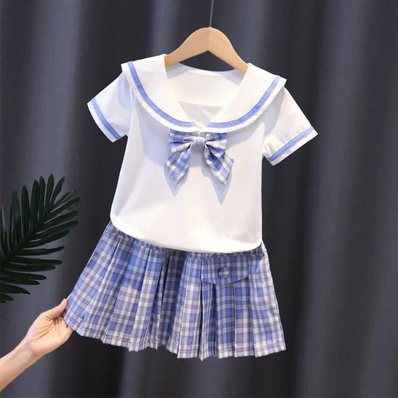 2023 Yaz Kore Seti Kız Yeni Takım Elbise 2 ADET Okul Prenses Resmi Moda Çocuk Mont Elbise Etek Uzun Gömlek Yay Pilili Elbise Görüntü 3