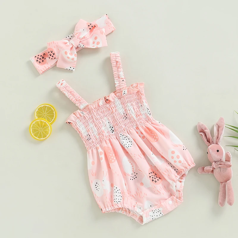 Bebek Kız 2 Adet yaz kıyafetleri, Kolsuz Paskalya Yumurtası Baskı Romper + saç bandı seti Görüntü 3