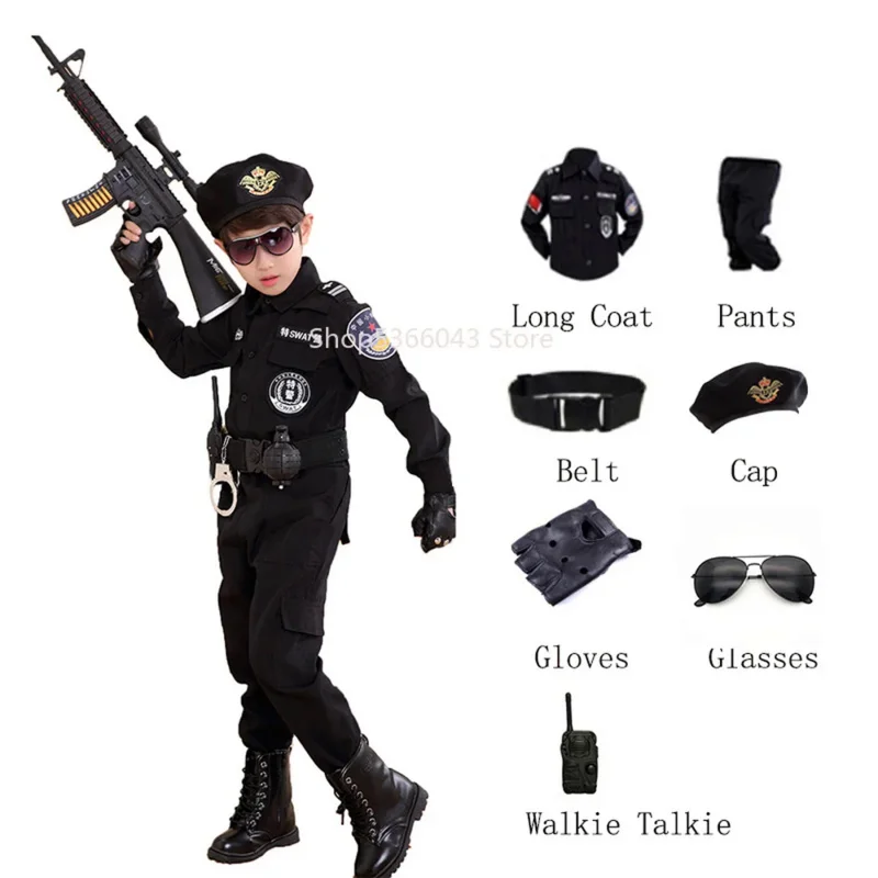Cadılar bayramı Çocuk Polis Cosplay Kostüm Erkek Kız Çocuk Polis Üniforma Ordu Polis giyim setleri Parti Elbise Hediye Görüntü 3