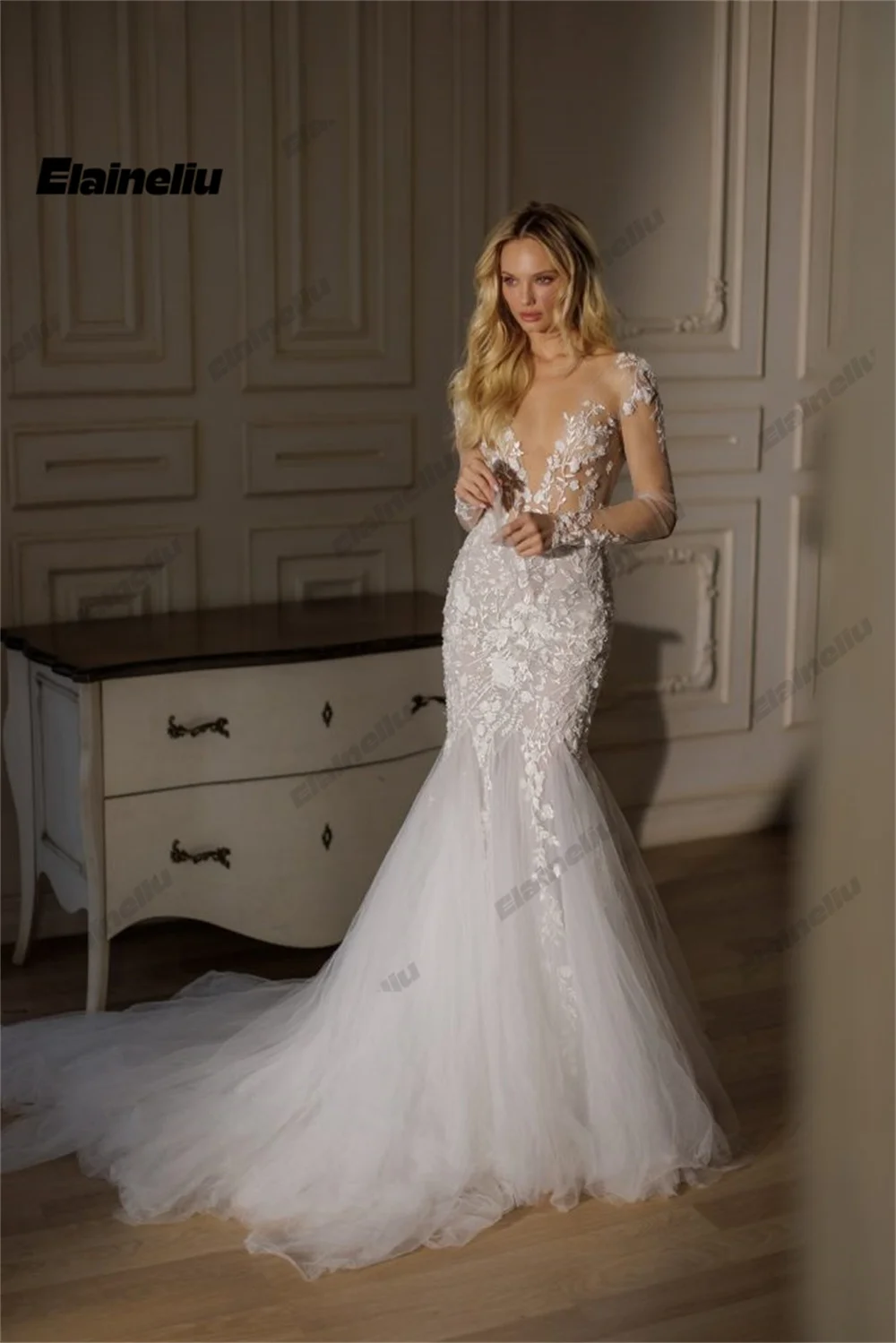 ELAİNELİU Seksi Illusion 2024 düğün elbisesi Kadınlar için Kesme Aplikler Custom Made Örgün gelin kıyafeti Artı Boyutu Görüntü 3