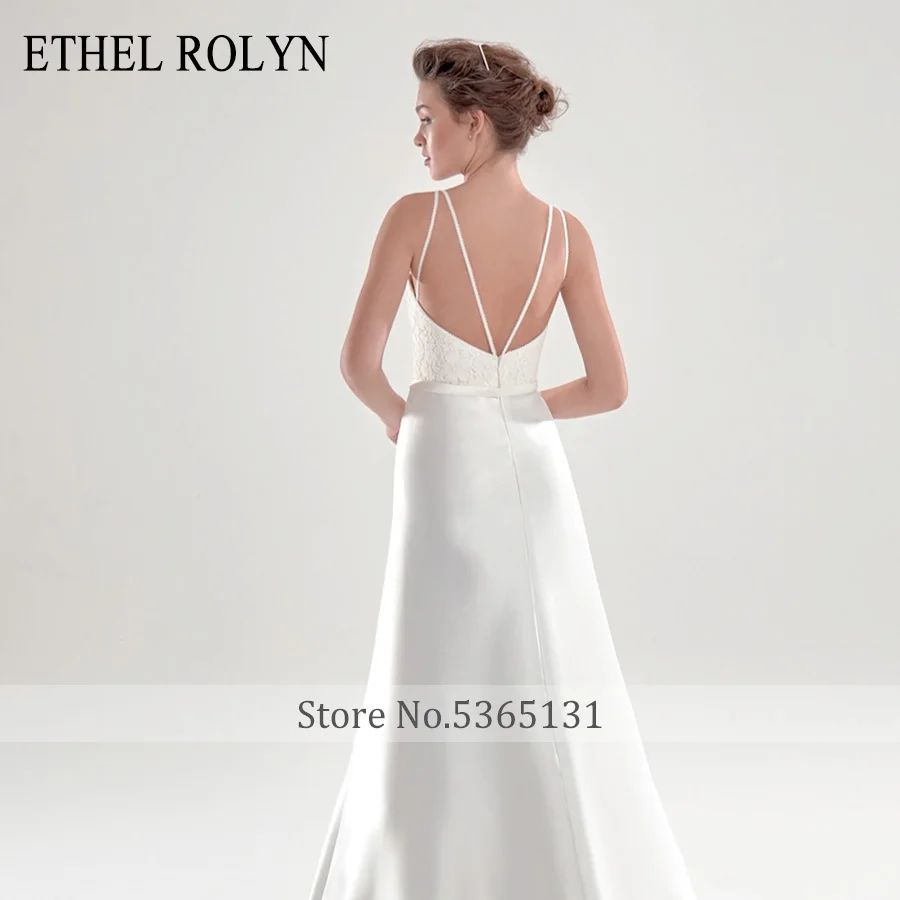 ETHEL ROLYN A-Line düğün elbisesi 2022 Zarif Saten Dantel O-boyun Backless Yay Kolsuz Vintage gelin kıyafeti Vestido De Noiva Görüntü 3