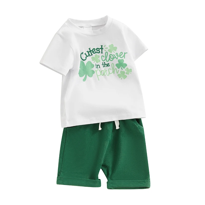 Erkek bebek Kız St Patrick Giysileri Kısa Kollu Gömlek Üst Haddelenmiş şort takımı Yaz Şirin Yonca Baskı Kıyafetler Görüntü 3