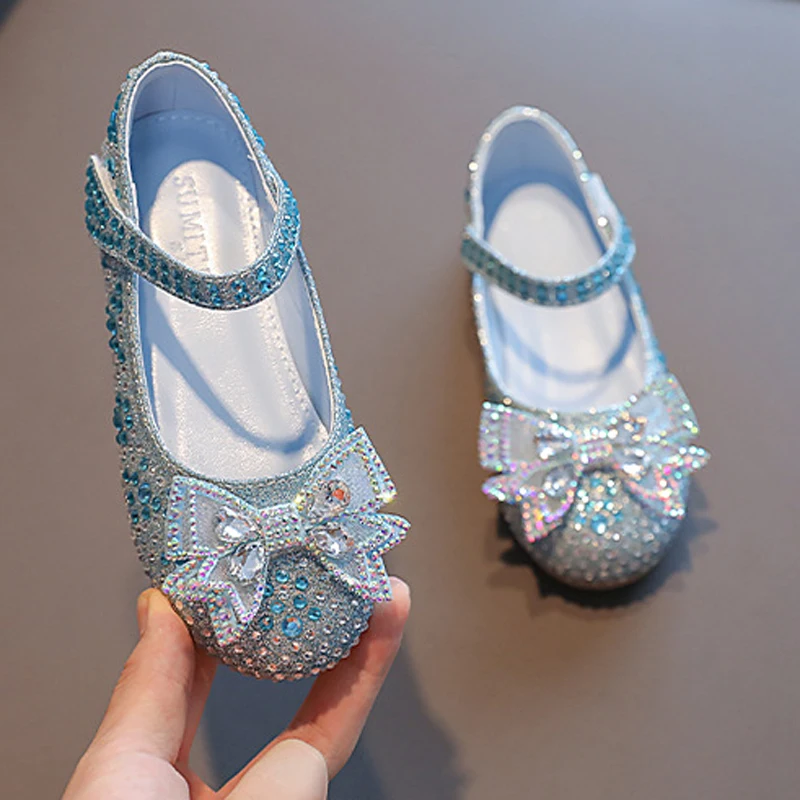 Fantezi Peri Elsa Prenses Ayakkabı fiyonk Glitter Düz Elbise Ayakkabı Kızlar Bling Cosplay Kostüm Kristal Parti Çocuk Kız Ayakkabı Görüntü 3