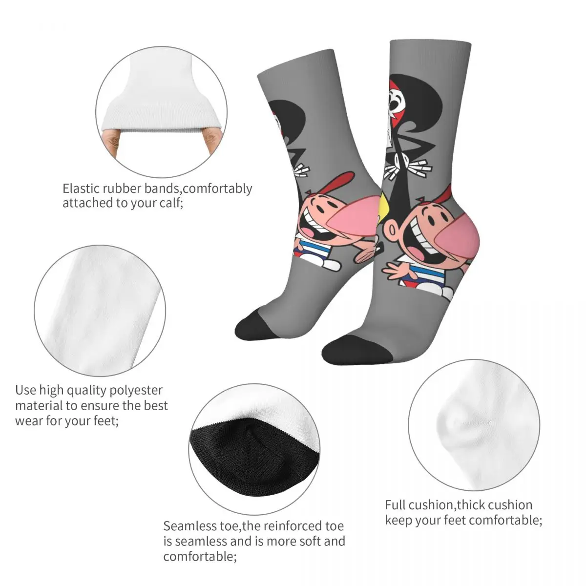 Hip Hop Retro Temel Çılgın erkek çorapları Unisex Grim Maceraları Billy ve Mandy Karikatür Harajuku Desen Baskılı Ekip Çorap Görüntü 3