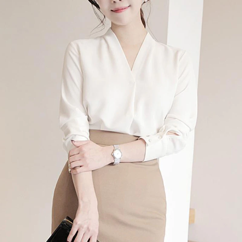 Klasik Kariyer OL Tarzı Üst Ofis Bayan İlkbahar Yaz Uzun Kollu Kore V Yaka İş Bluz Kadınlar Beyaz Gevşek Kazak Gömlek Görüntü 3