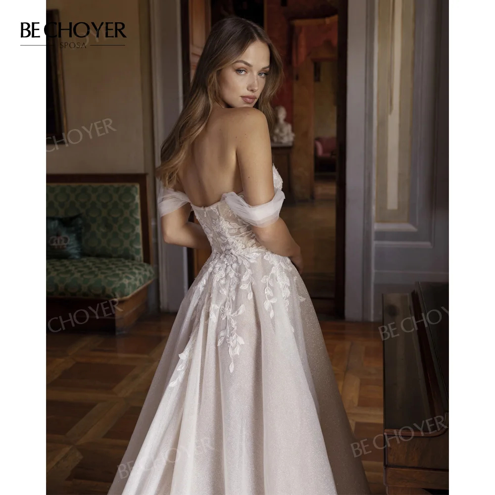 Kolsuz düğün elbisesi Kapalı Omuz A-Line Plaj Aplikler Gelin Kıyafeti 2024 Prenses BECHOYER R176 Artı Boyutu Vestido de Noiva Görüntü 3
