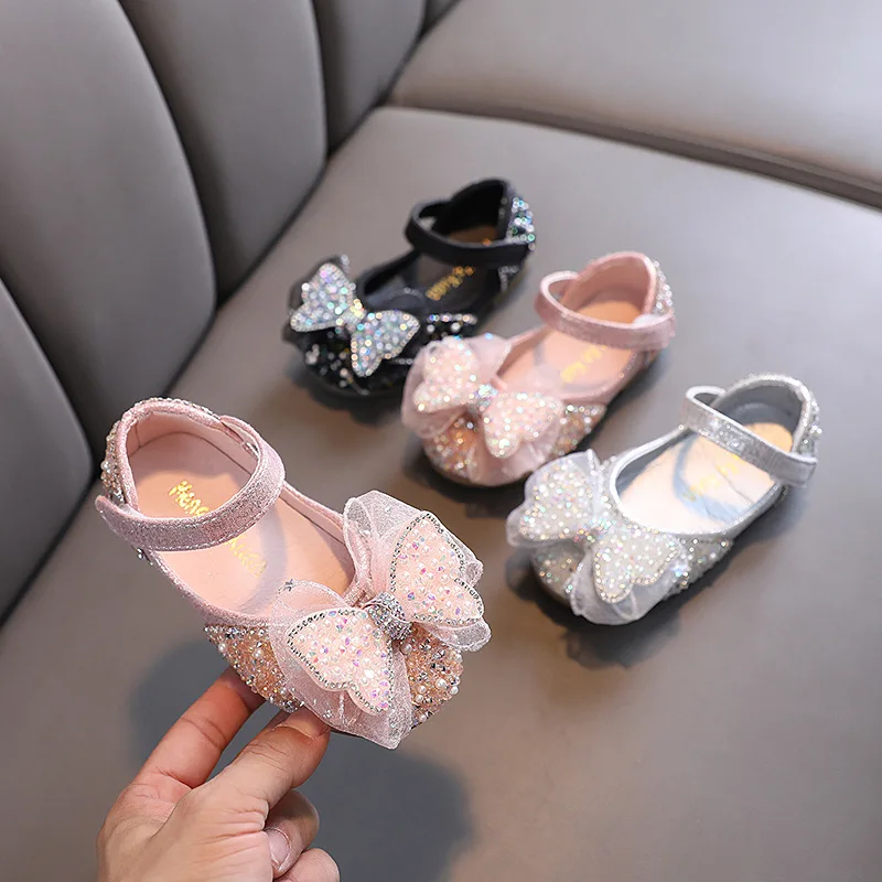 Kızlar Sevimli Yay Performans deri ayakkabı Bahar çocuk Sequins Prenses Ayakkabı Moda Çocuklar Yumuşak Alt Kristal Tek ayakkabı Görüntü 3