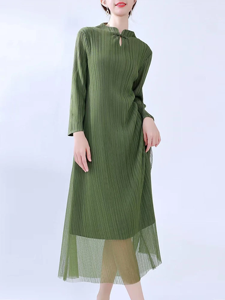 LANMREM Örgü Dikiş Pilili Elbise Kadın Standı Yaka Uzun Kollu Vintage Elbiseler Bayanlar Zarif Giyim 2024 Yeni 32A337 Görüntü 3