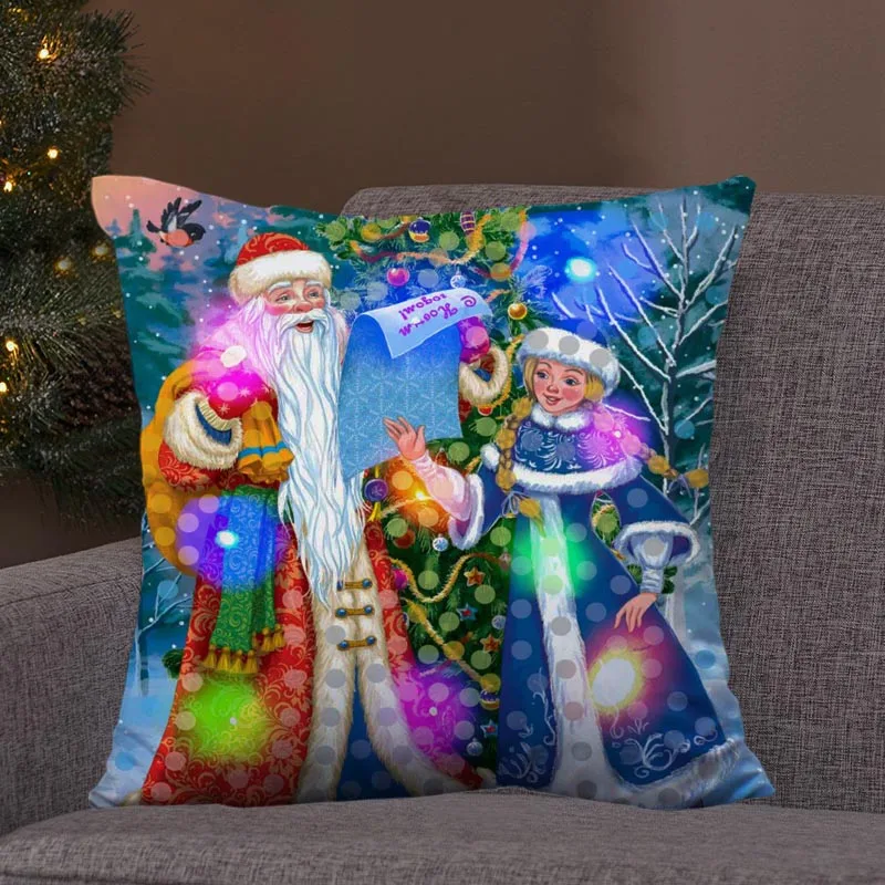 LED Retro Noel baba noel ışıkları 2024 yastık kılıfı ev oturma odası kanepe dekorasyon kare Polyester  Görüntü 3