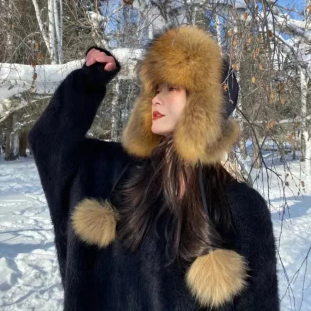 Lüks Faux Fox Kürk Şapka kadın Rus Rus Kalpağı Aviator Trapper Kar Kayak Şapka Kapaklar Kış Kulaklığı Kış Rakun Kürk Bombacı Şapka Görüntü 3