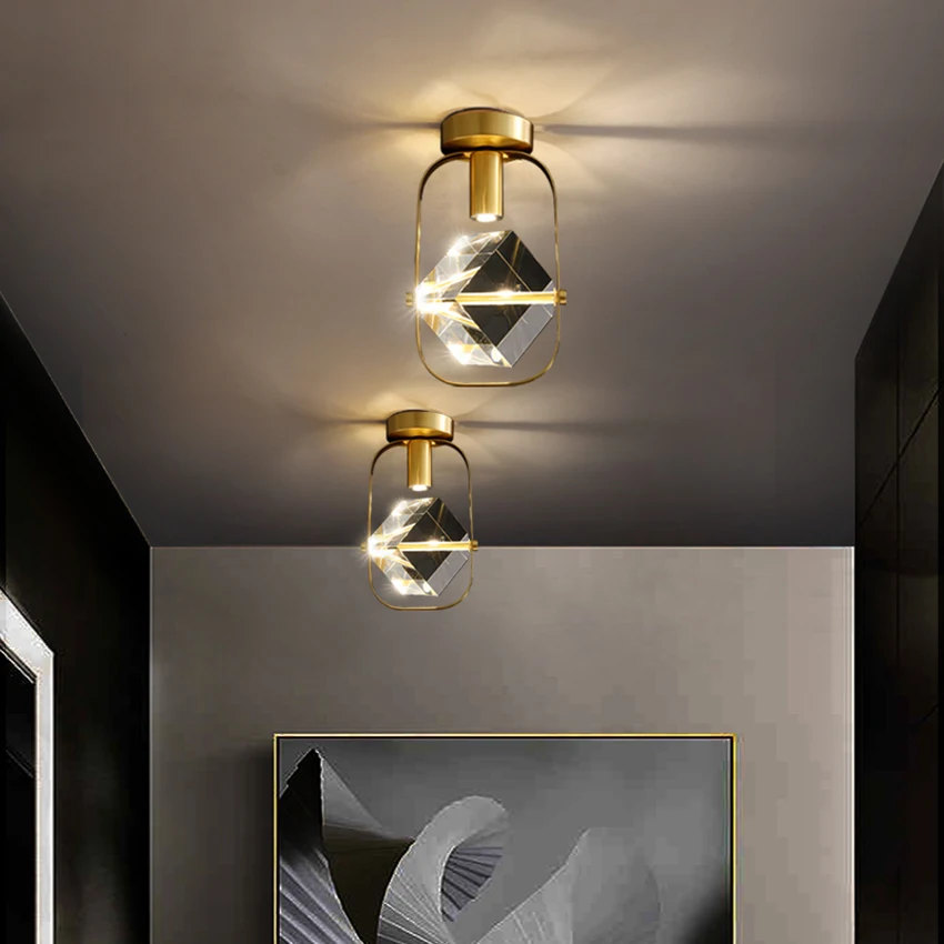 Modern led Tavan ışık lüks pirinç kristal küp yaratıcı koridor tavan lambası mutfak Koridor balkon iç mekan aydınlatması fikstür Görüntü 3