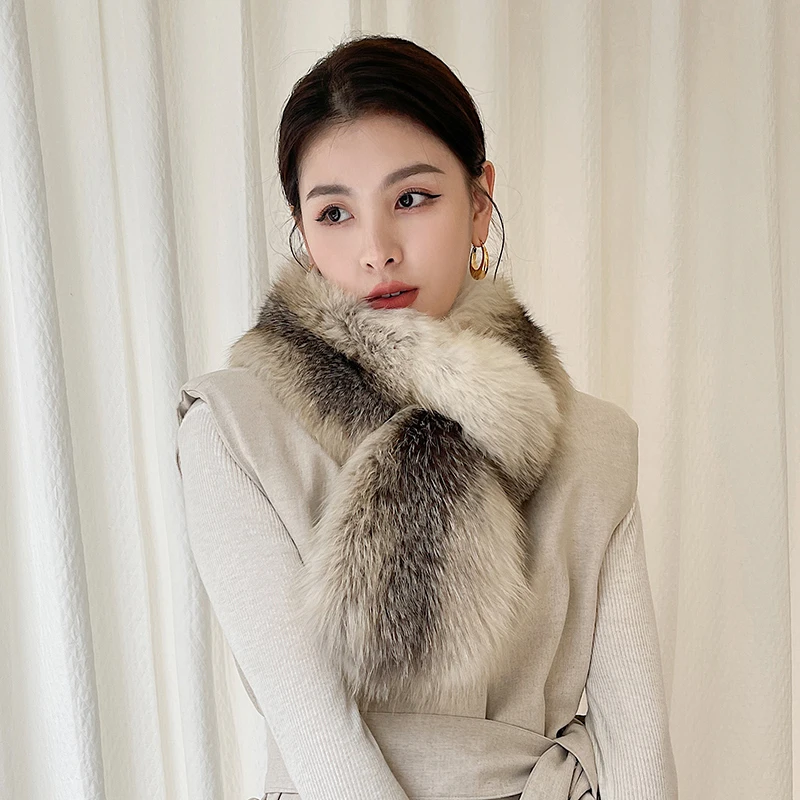 Ms. MinShu kış boyun ısıtıcı Tam kürk yaka eşarp Hakiki gümüş tilki kürk eşarp Kadınlar için Görüntü 3