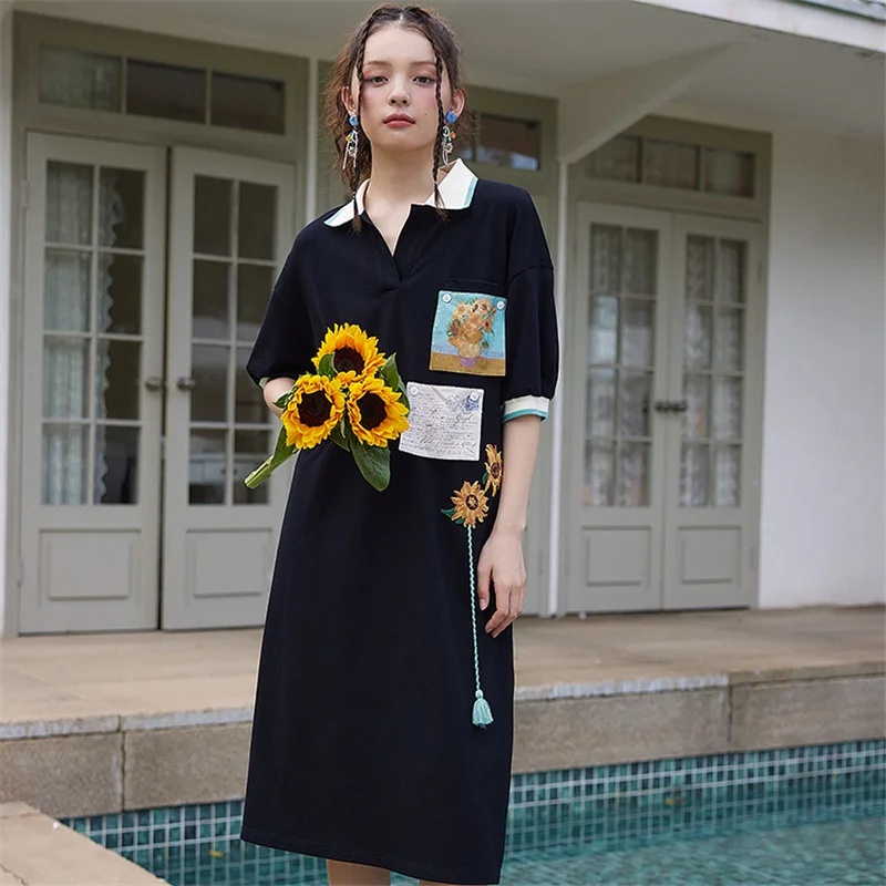 NEWDISCVRY 2023 Yaz Yeni Kore Kadın Elbise Vestidos Robe Elbise Gevşek Artı Boyutu Nakış POLO Yaka Kısa Kollu uzun elbise Görüntü 3