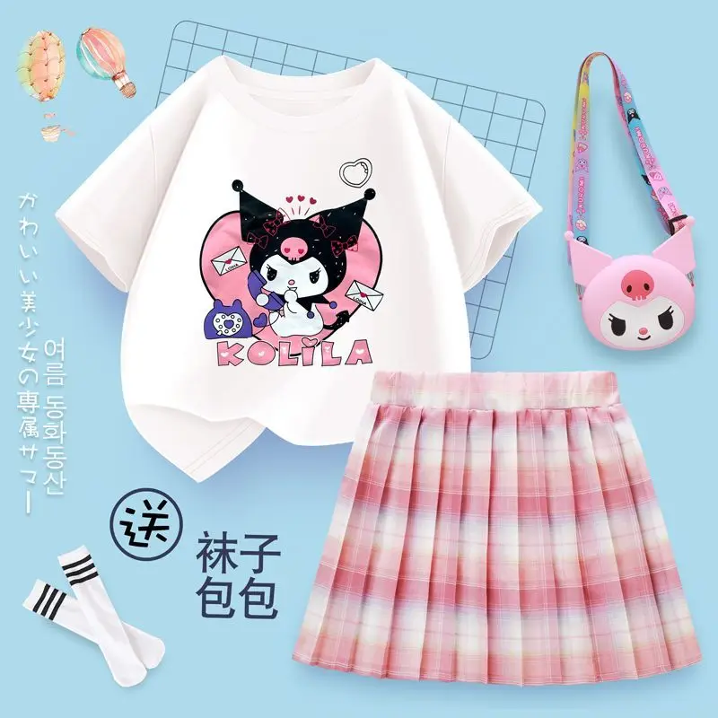 Sanrio hello kitty Kısa Kollu Etek Takım Elbise kuromi Yaz Yeni çocuk T-Shirt Pilili Etek kız JK Üniforma Y2K elbise bozuk para cüzdanı Görüntü 3