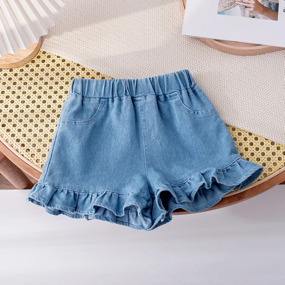 Sevimli Bebek Kız Kot Şort 2023 Yeni Yaz Moda Katmanlı Ruffles kısa kot pantolon Giyim Çocuk çocuk şortları 1-6years Eski Görüntü 3