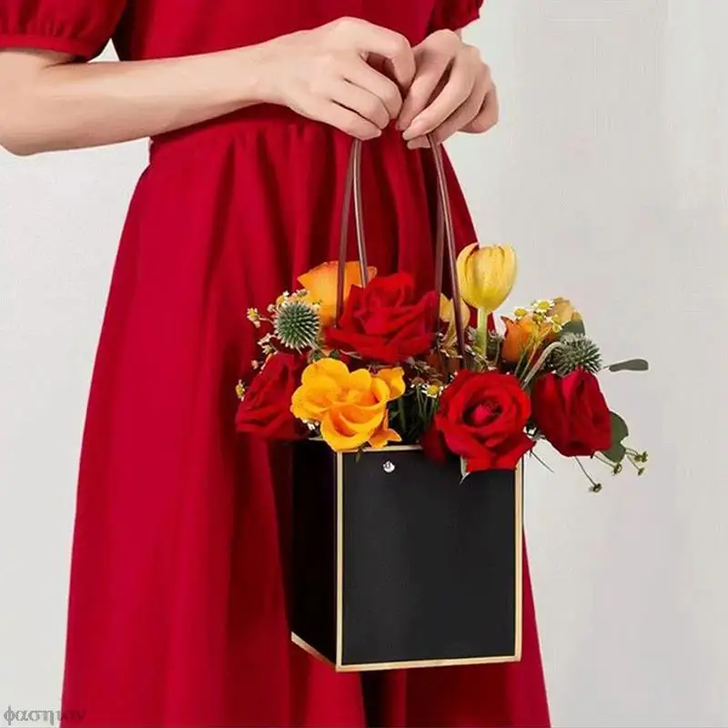 Taşınabilir Çiçek Kutusu Su Geçirmez Kağıt Kullanışlı hediye çantası Kraft Çanta Hediye Kutusu Ambalaj Şeker Kek Doğum Günü Düğün Gül Parti Görüntü 3