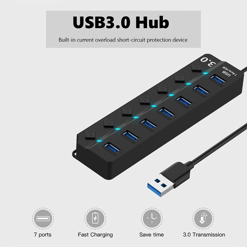 USB 3.0 7 Port Hub dağıtıcı adaptör Kablo uzunluğu 30/120cm masaüstü bilgisayar Mac Laptop Klavye fare 2TB Mobil sabit disk Görüntü 3